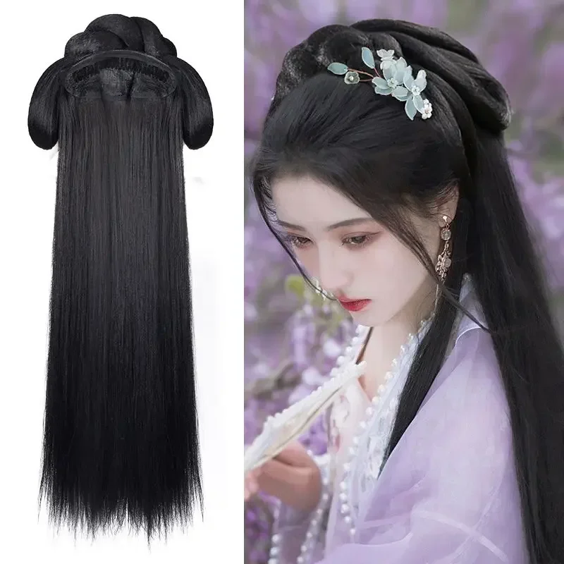 

Косплей Hanfu, китайский древний стиль, парик, женский винтажный синтетический черный головной убор, прямой накладной парик