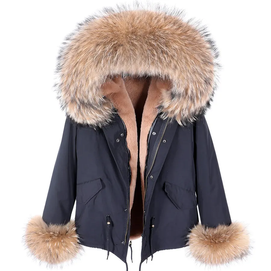 MAOMAOKONG 2024 Add cuff fur Winter Clothes Women Natural fur coat Real Raccoon Fur Collar Parkas Faux Fur Lining Short Jacket