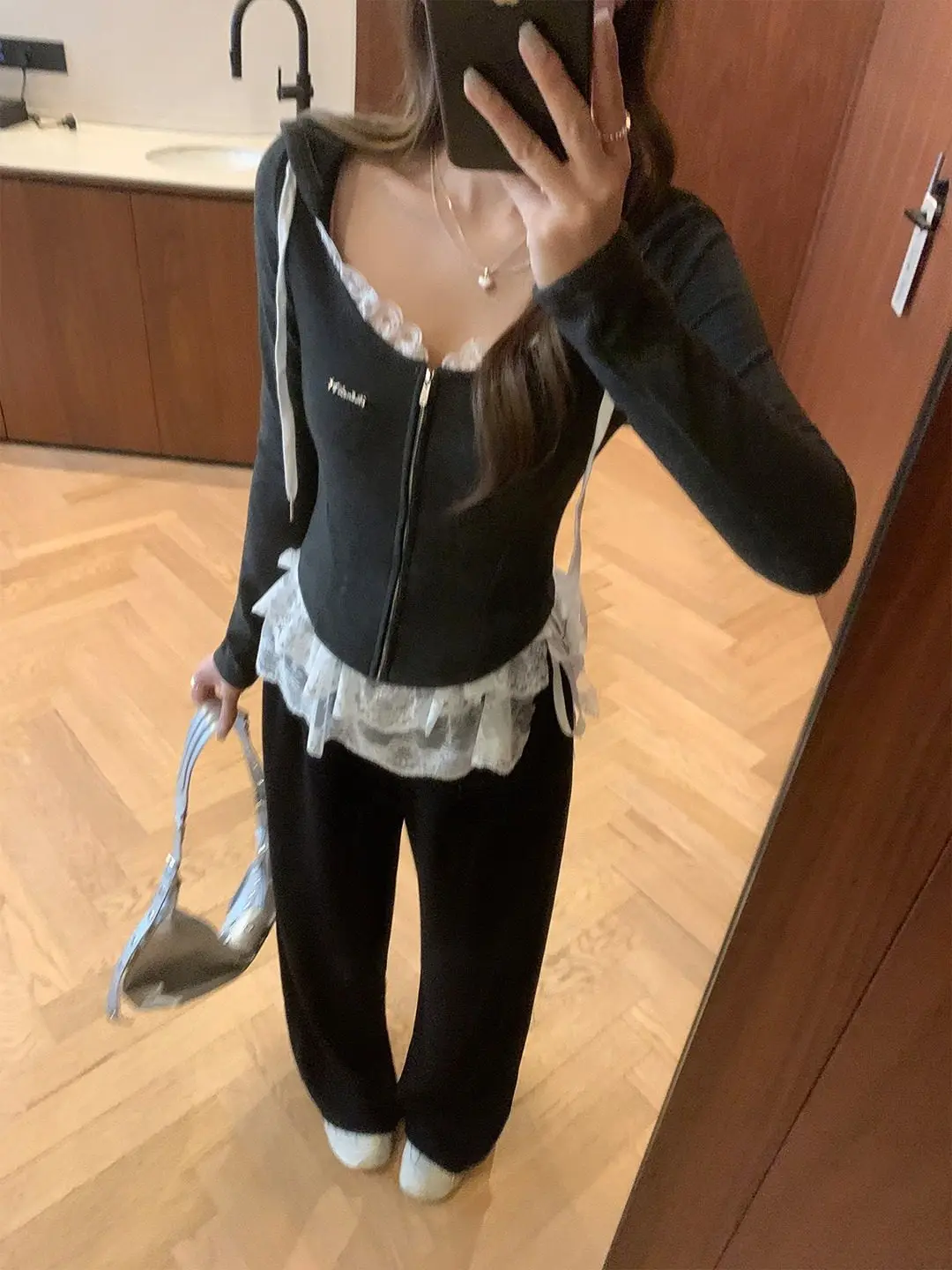 ay Hooded Zipper Long Sve Cardigan Damen Initial Winter Lace Trim Splicing Belted ort Sweatirt Jaet Korean Sle...