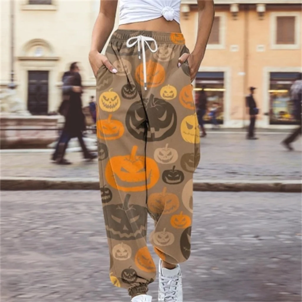 

Halloween fashion loose breathable pumpkin bat spider web cute ghost print side pocket drawstring casual women's pants