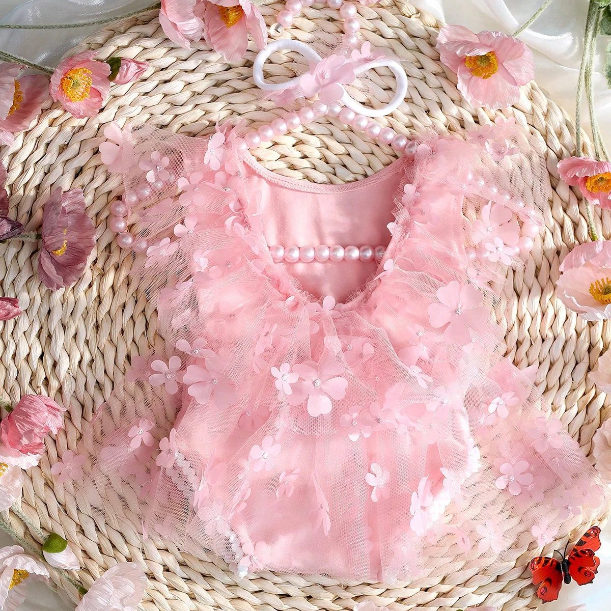 Ylsteed 2 Pieces Set Newborn Girl Photography Outfits Embroidery Flower Romper with Headband Baby Photo Shooting Clothes