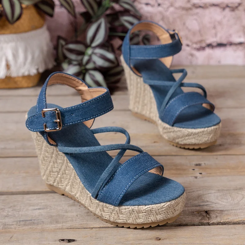 FHC 2024 New Denim Wedges Sandals,Women High Heels Summer Shoes,Cross Straps,Ankle Buckle,Thick Bottom,Blue,36-42,Dropship