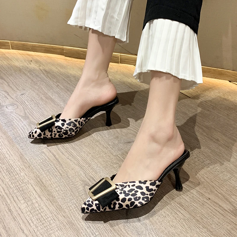 Mules For Women 2024 Leopard Shoes Slippers Flat Cover Toe Thin Heels Slides Pantofle Fashion Summer Pointed New Luxury High Rub