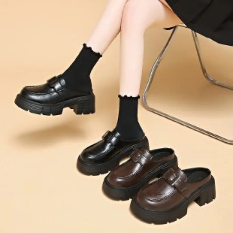 Women Platform Mule Loafers Buckle Decor Slip‑On Backless Shoes Chunky Block Heel Casual Slip‑On Shoes For Daily Wear