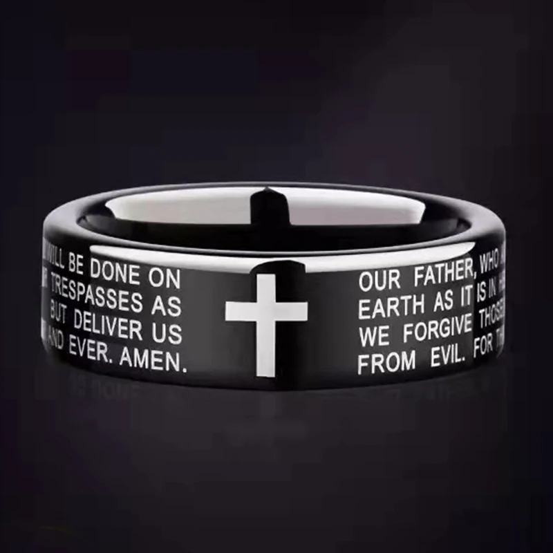 Stainless Steel Black Color Jesus Cross Ring Letter Bible Prayer Finger Rings For Men Bible Cross Rings For Women Jesus Jewelry