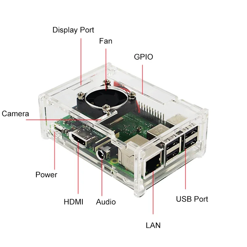 Caso acrílico para Raspberry Pi, caixa transparente, tampa Shell, ventilador de refrigeração opcional, modelo B, 3B