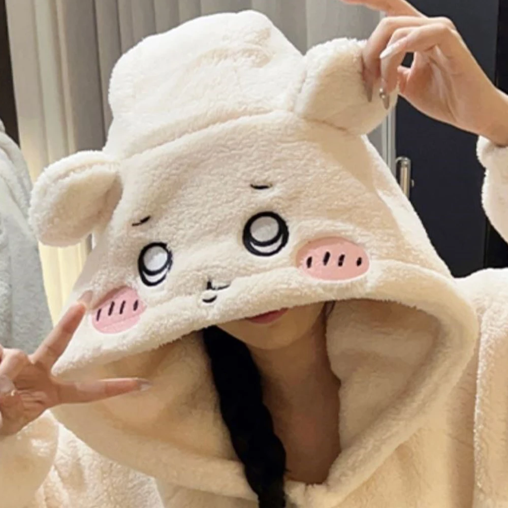 Chiikawa Cute Cartoon Hooded Flannel Pajama Women Winter Thick Coral Fleece Nightgown Pants Soft Warm Plush Loungewear Sleepwear