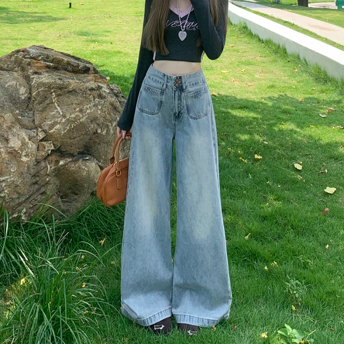 กางเกงยีนส์ทรงกระบอกขากว้างสีน้ำเงินสไตล์เกาหลี Y2K ย้อนยุคสำหรับผู้หญิง ฤดูใบไม้ร่วง ช่วยให้ดูหน้าท้องและต้นขาเล็กลง ทรงหลวมตรง