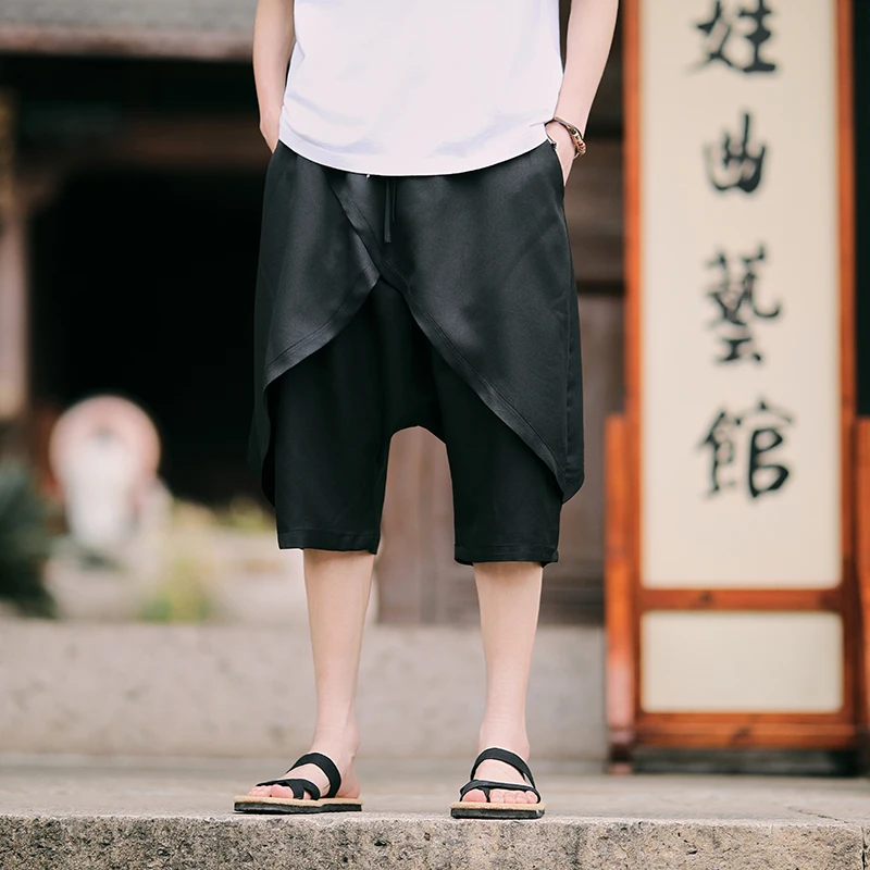 2025 Men Soild Color Casual Patchwork Pants Men Chinese Style Loose Fit Bloomers Summer Men Vintage Low Waist Wide Leg Pants