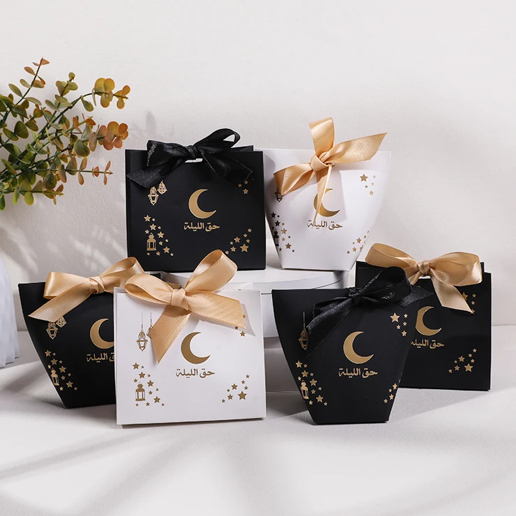 

10pcs Eid Mubarak Candy Box With Bow Ribbon Ramadan Kareem Cookie Snack Packaging Box 2025 Muslim Islamic Party Decor Supplies