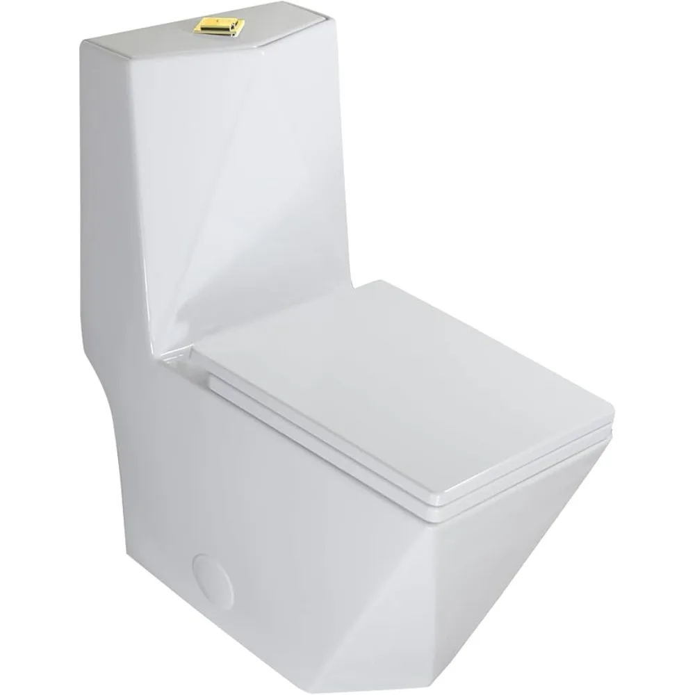 Rectangular Modern One Piece Toilet with Diamond-shaped Sleek Design Square Dual Flush Button Elongated Soft Closing Seat, White