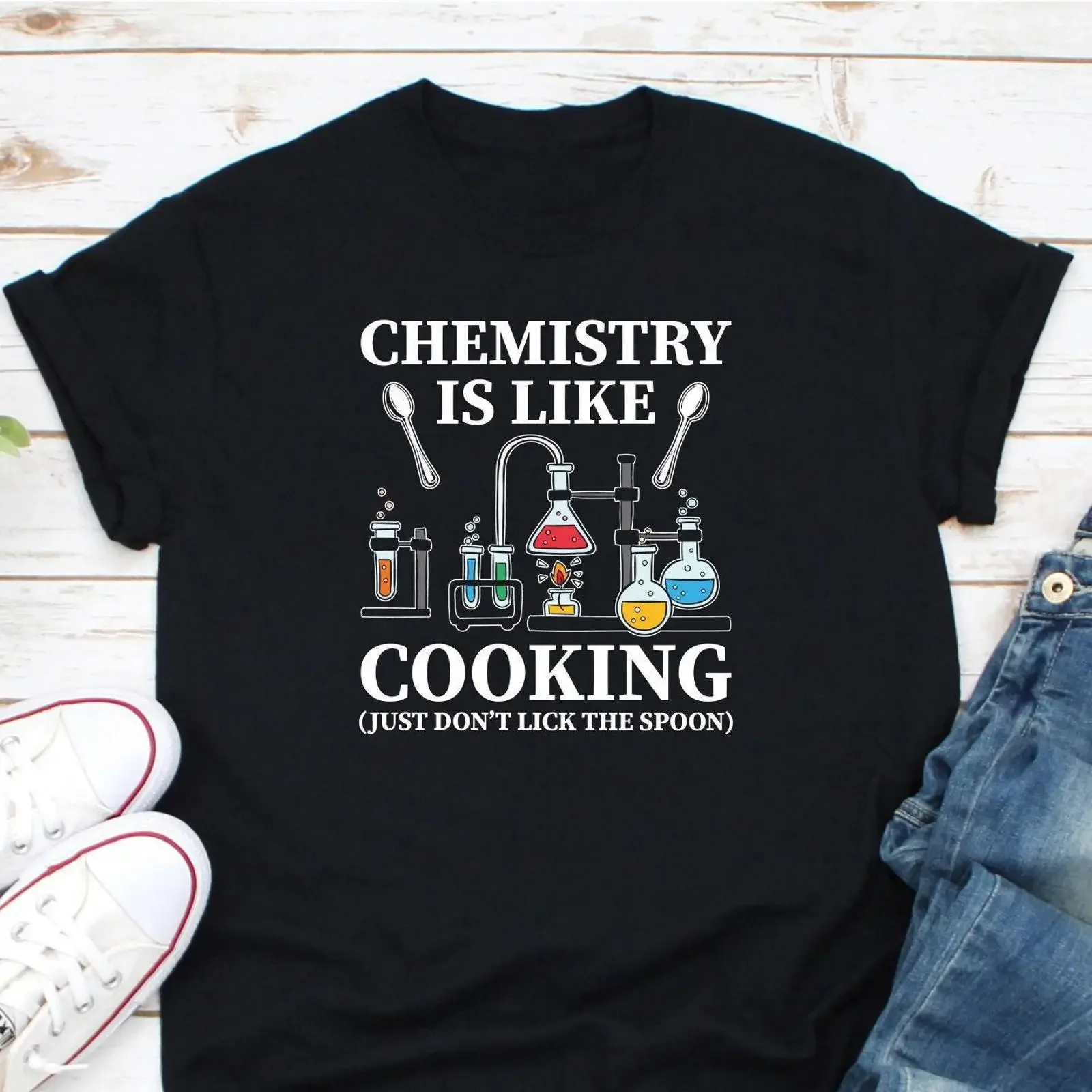 Chemistry Is Like Cooking Don't Lick The Spoon Funny ChemisT T Shirt Science For Teacher vintage Washed fashion