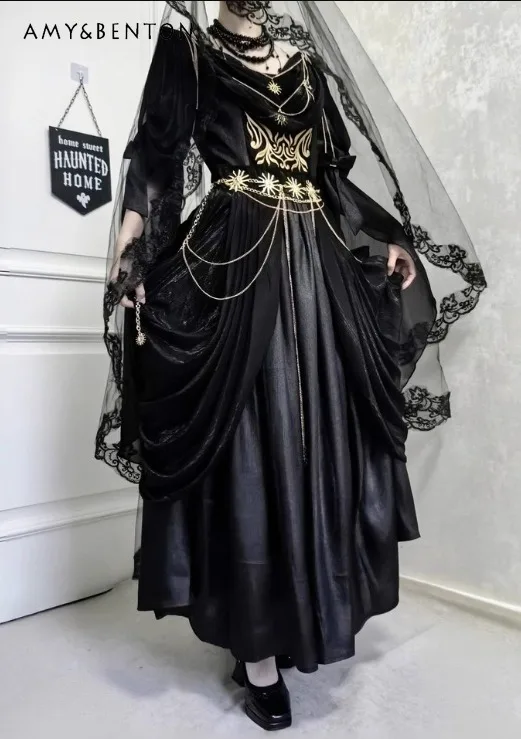 

2025 Spring and Autumn New Women's Dark Black Gothic Style Halloween Noble Elegant Lolita Black Slim Long Dress