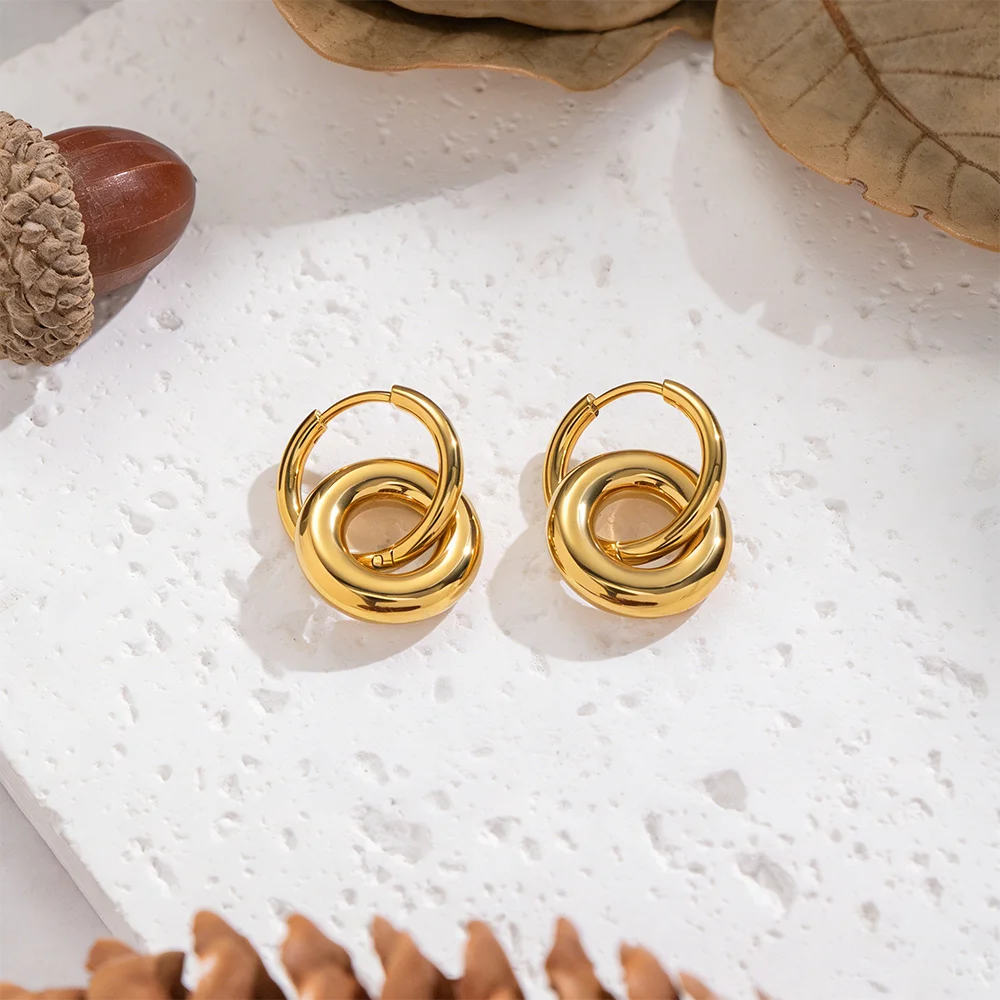 Stainless Steel Ring Splicing Earrings, 18K Gold Plated Waterproof Jewelry Pendant Earrings, Minimalist Basic Women's Jewelry