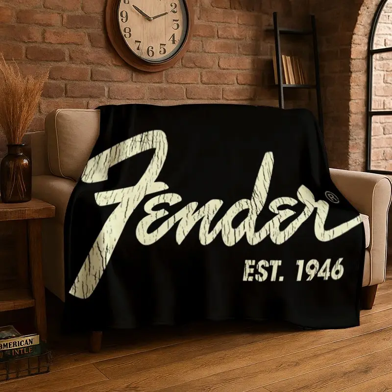 HD Retro Fender Logo Guitar Instruments Music Flannel Blanket Soft Warm Throw Blanket for Bedroom Living Room Bed Travel Picnic