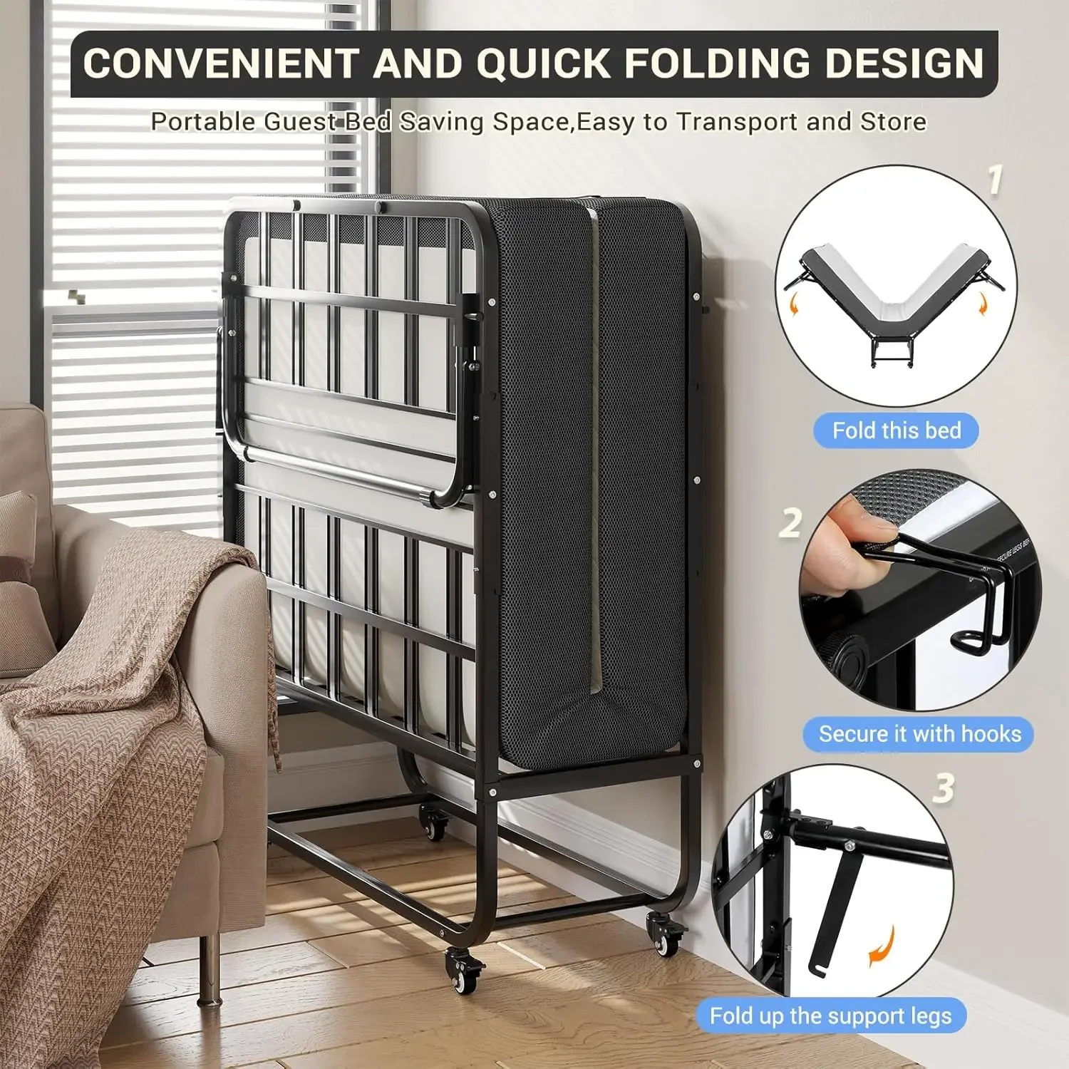 [عرض لفترة محدودة + شحن مجاني! ]سرير قابل للطي مع مرتبة مقاس 75 × 38، إطار سرير مزدوج الحجم، سرير ضيوف محمول قابل للطي للبالغين