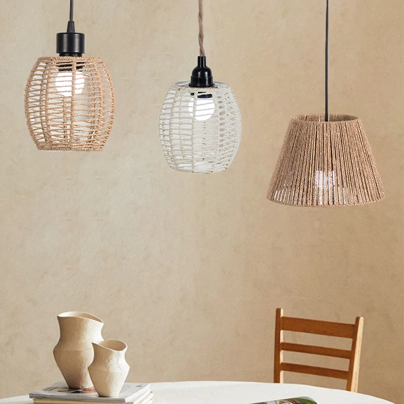 Woven Pendant Lamp Shade Boho Imitation Rattan Geometric Shade Chandelier Hanging Light Cover For Home Restaurant Living Room