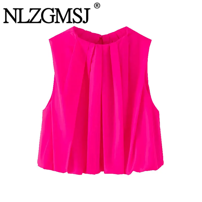 NLZGMSJ Damen-Tanktops 2026 Frühling Plissierter O-Ausschnitt Lässige Ärmellose T-Shirts Lockere Oberteile Damen-Top Streetwear Y2K