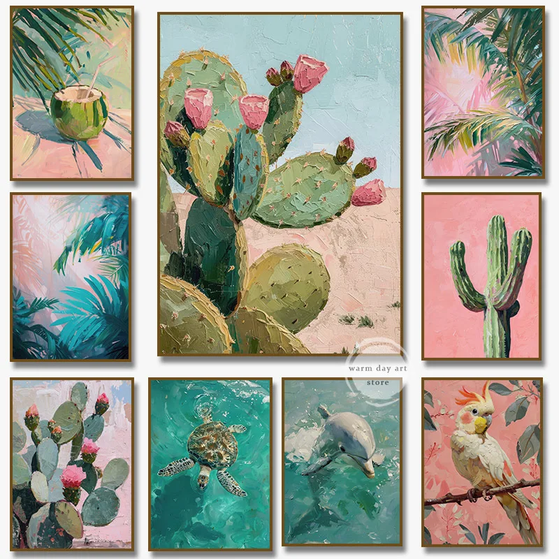 Cactus Palm Tree  Dolphin Champagne Coconut Bird Turtle Poster Canvas Painting Wall Art Trendy Botanical Home Room Decor
