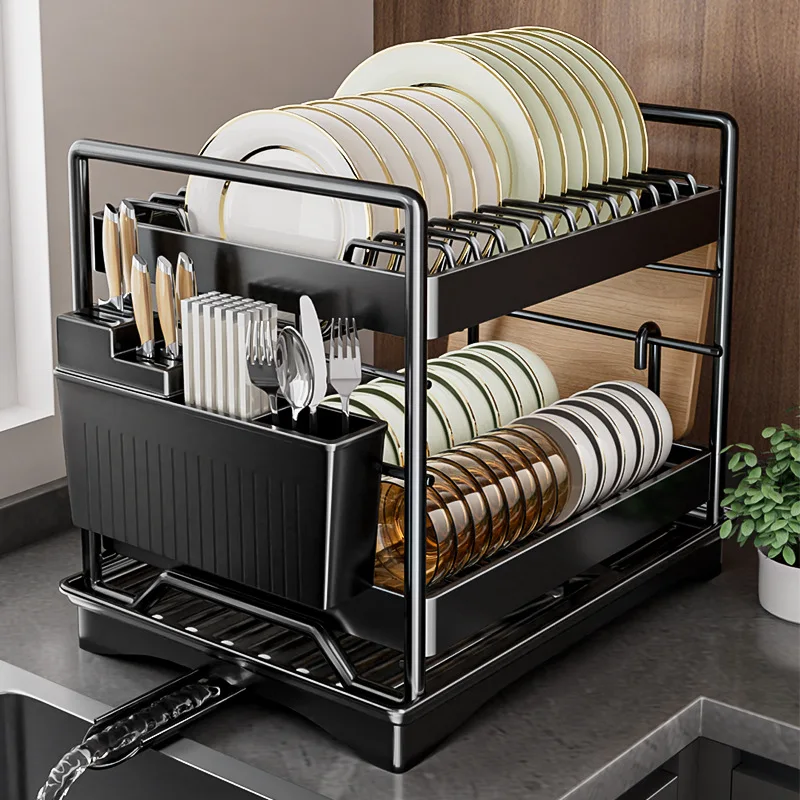 

Best-Selling Sustainable Double-Layer Metal Kitchen Dish Rack Multi-Functional Drying Storage for Dinnerware Cleaning Modern