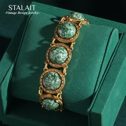 Vintage Gold Color Round Green Natural Stone Bracelets for Women OT Buckle Retro Pattern Antique Jewelry Luxury Gift Accessories