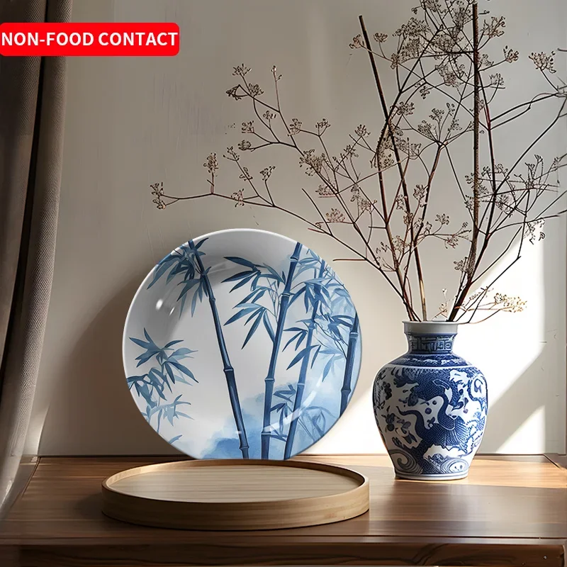 1pc Non-Food Contact Minimalist Chinese Hand-Painted Bamboo Pattern Ceramic Decorative Plate - Elegant Round Wall Art for