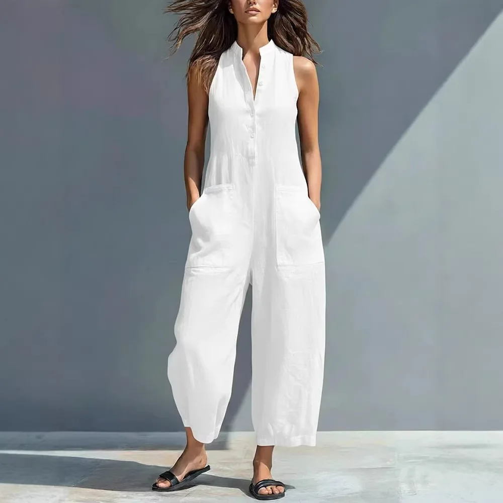 Katoenen en linnen jumpsuit Dames met opstaande kraag, mouwloze zak, hoge taille, wijde pijpen, jumpsuits, casual damesbodysuits voor woon-werkverkeer