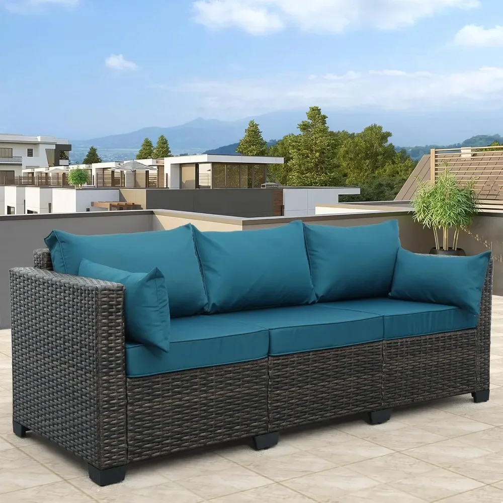 3-Seat Patio PE Wicker Couch Furniture Outdoor Brown Rattan Sofa with Washable Peacock Blue Cushions