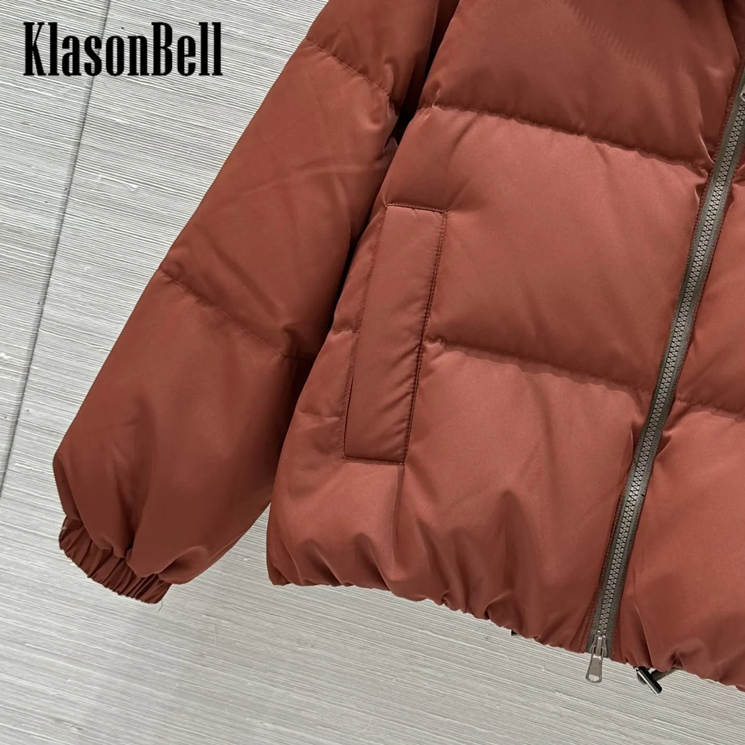 9.1 KlasonBell Women Hooded Knit Spliced Fake Two Pieces Short Down Jacket Hat Detachable Goose Down Keep Warm Outerwear