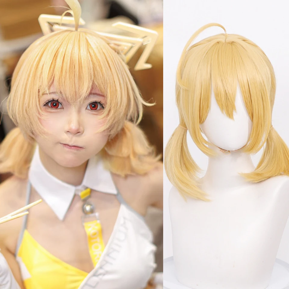 Game Blue Archive Toyomi Kotori Cosplay Wig  Anime Golden Twin Ponytails Hair Wigs with Bang Synthetic Role-playing Costume Wig