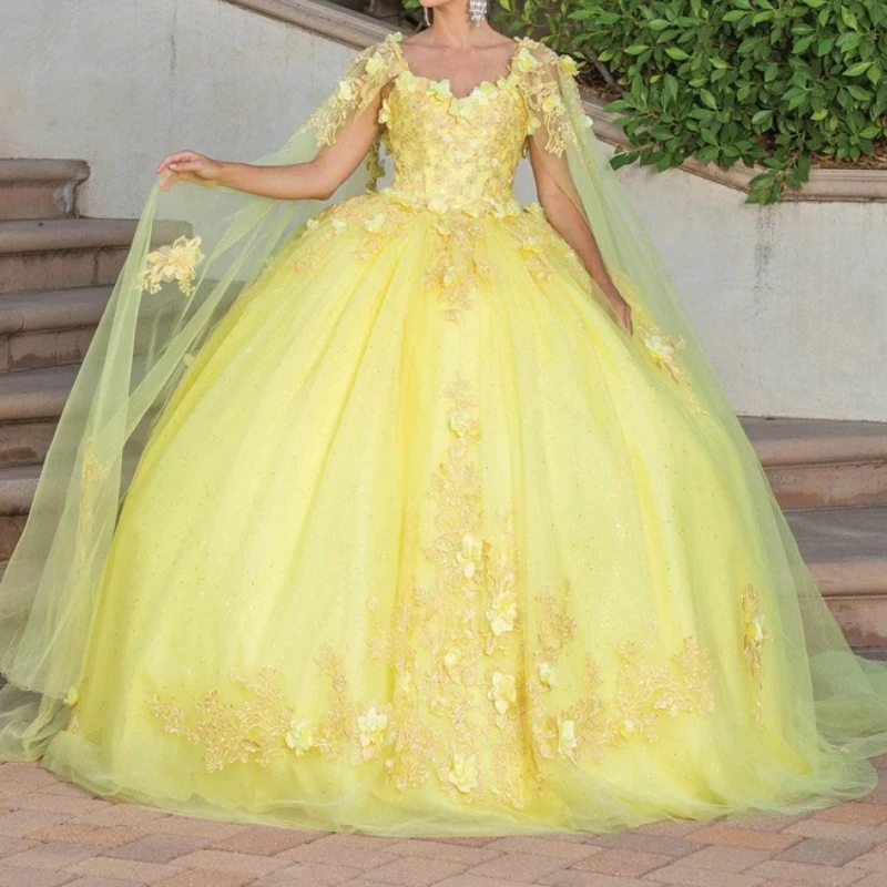 Elegant  High Quality Yellow Women Dance Prom Dresses V Neck Flower Sleeve Cape Ball Gown Vestido 15 16 Quinceanera Party Dress