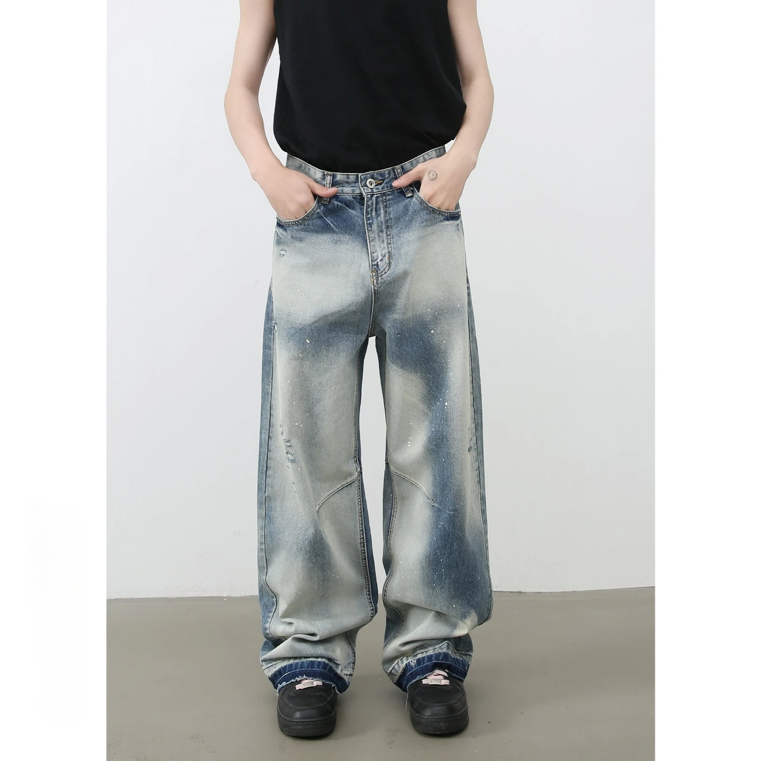 

American High Street Style Men's Loose Spliced Basic Simple Wide Leg Straight Jeans Pants Male 2026 New Fashion Denim Trousers