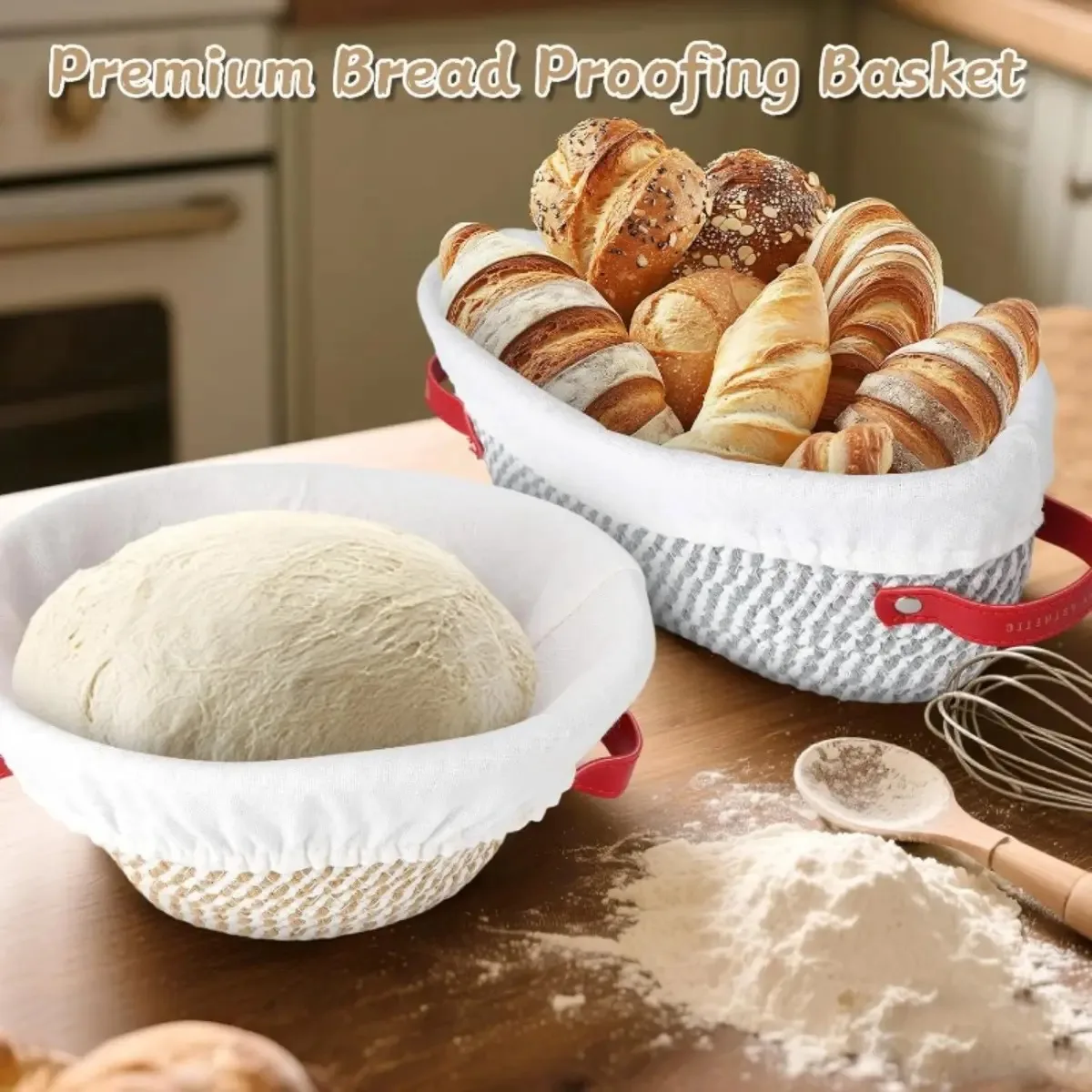Juego de 2 cestas de fermentación de pan de cuerda de algodón ovaladas y redondas, con forros y cubiertas para pan artesanal y pan de masa madre