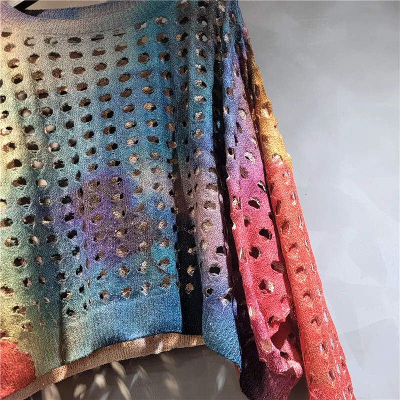 WHT Nova Moda Feminina Gradiente Oco Out Design Camiseta Solta 2025 Verão Na Moda O-pescoço Mangas Compridas Tops Feminino 1LS1692