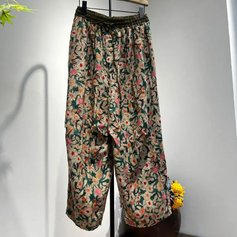 New 2025 Spring Summer Arts Style Women Elastic Waist Loose Long Pants Good Quality Linen Vintage Floral Print Harem Pants B0434