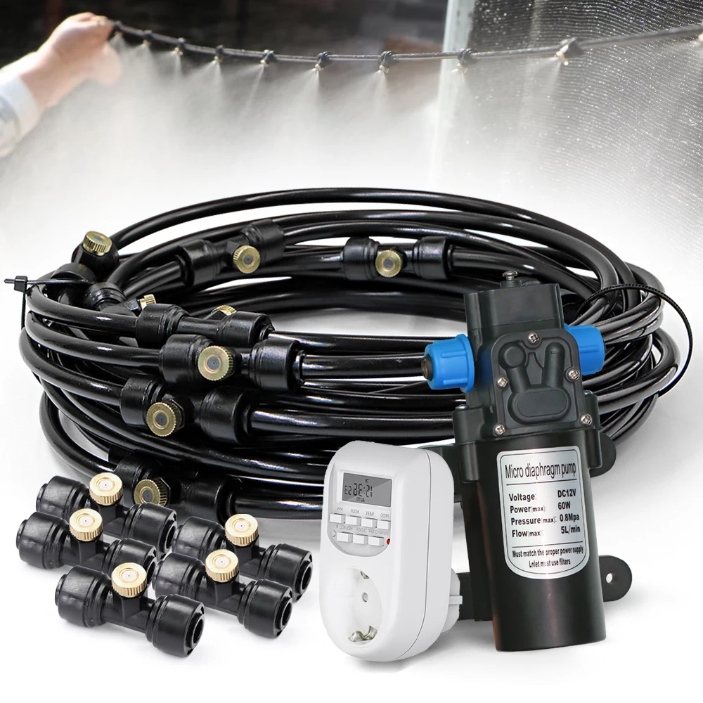 

6/9/12/15/18/21M 60W Self-Priming Diaphragm Pump Misting System for Outdoor Patio Cooling Fan Cooler Water Mist Garden Spray