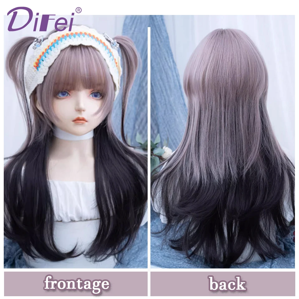 DIFEI Pink Purple Spell Black Synthetic Wig Female Two-color Layered Lolita Wig Natural Fashion Long Hair Wig