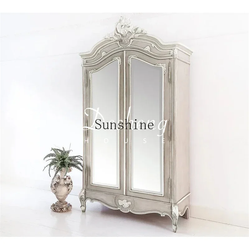 

French solid wood retro old court carving old bedroom wardrobe locker with mirror FT