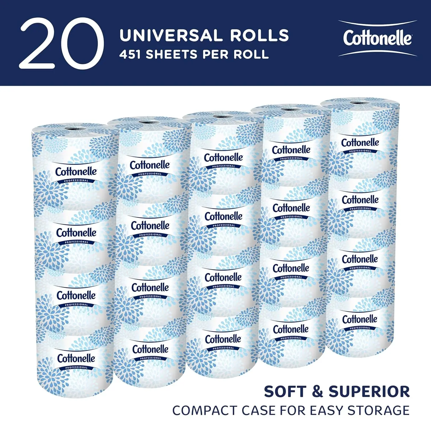 Professional Standard Roll Toilet Paper, 2-Ply White, Compact Storage (20 Rolls, 9,020 Sheets Total)