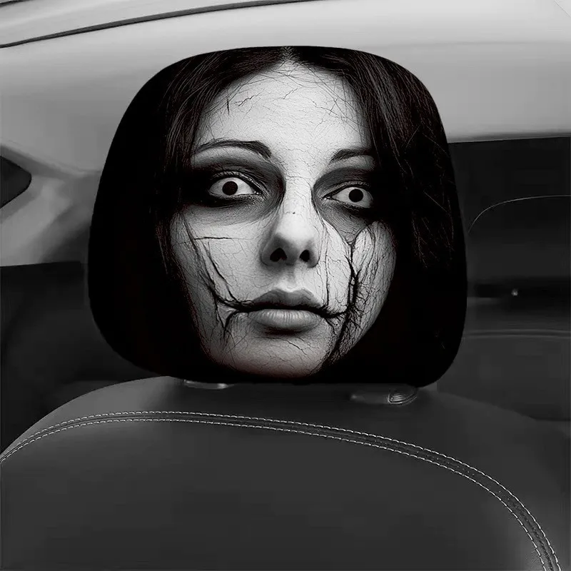 2Pcs Elastic Car Headrest Cover Black Scary Face Printing Car Seat Cover Breathable Dust-proof Car Headrest Protector