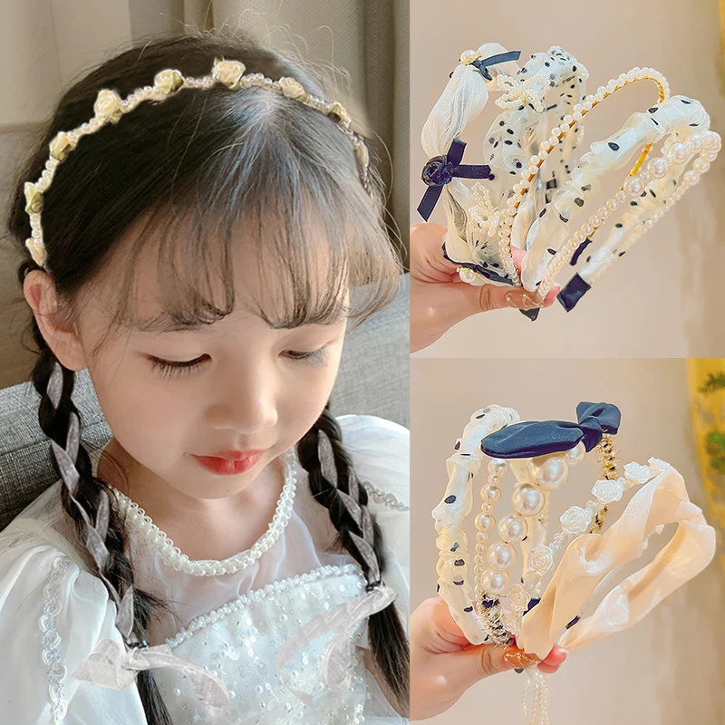 New Children Cute Elegant Pearl Flower Bow Hairbands Headwears Girls Lovely Hair Hoop Headbands Kids Fashion Hair Accessories