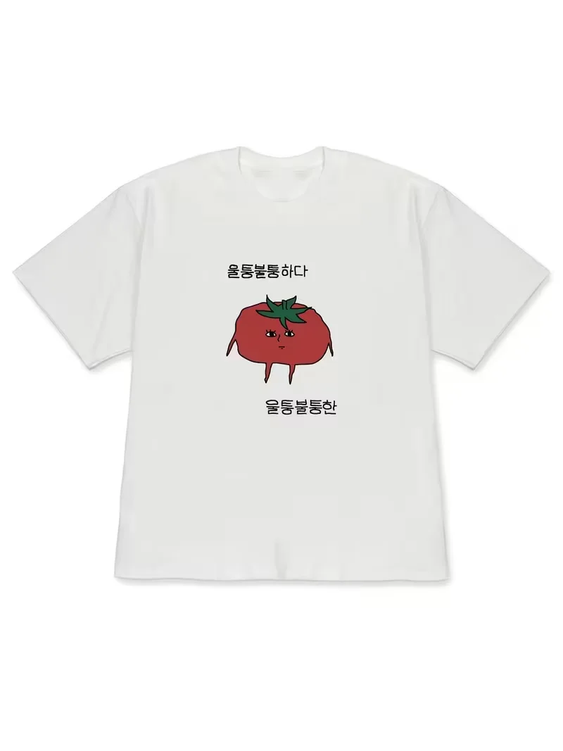 Kawaii Korean Vegetable Cartoon Graphic T-Shirt, Unisex Cute Eggplant Carrot Tomato Print Casual Soft Short Sleeve Top