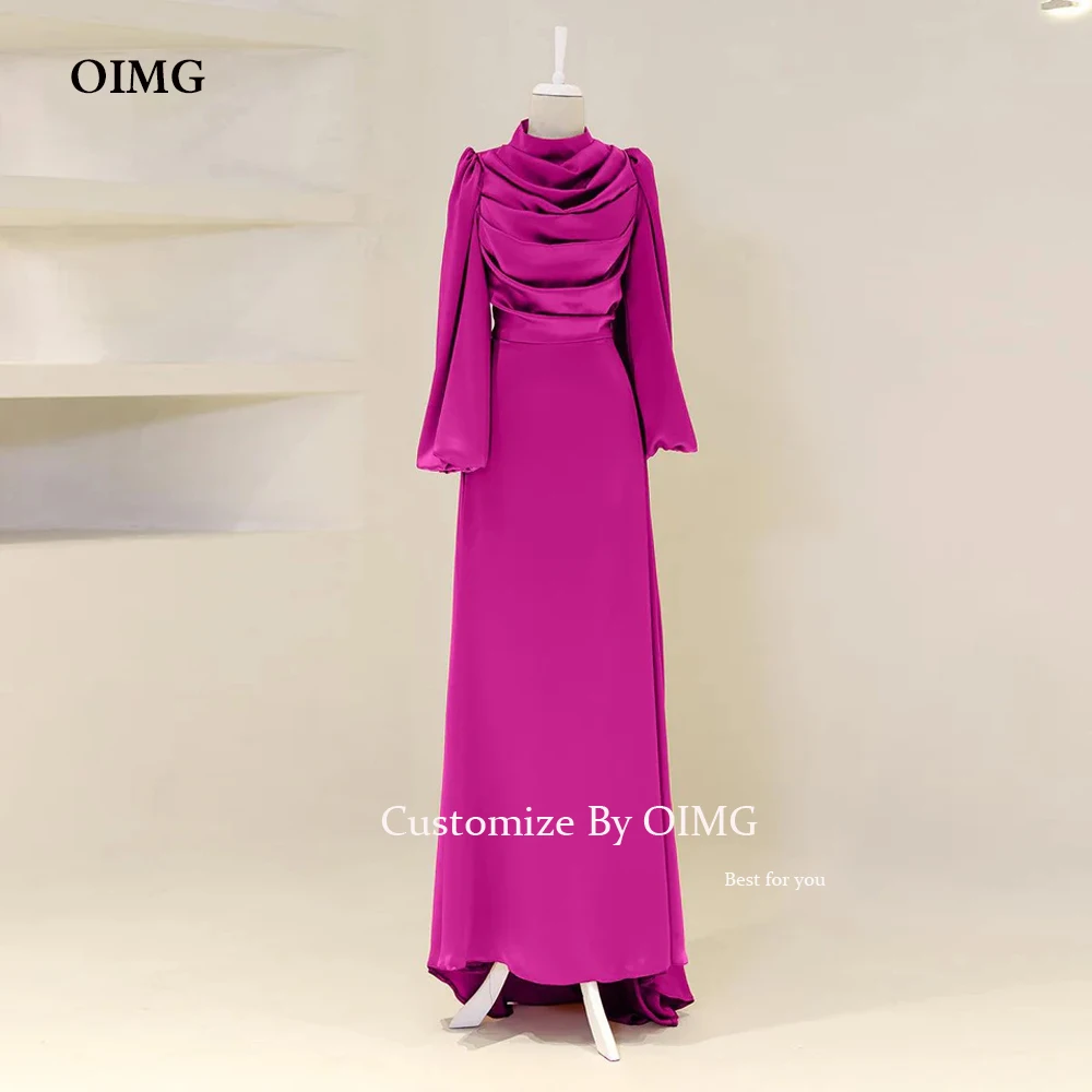 

OIMG Modest Satin Prom Gowns Fuschia Pink Muslim Prom Dresses Saudi Arabric Dubai Prom Gowns 2024 For Women Formal Party Dresses