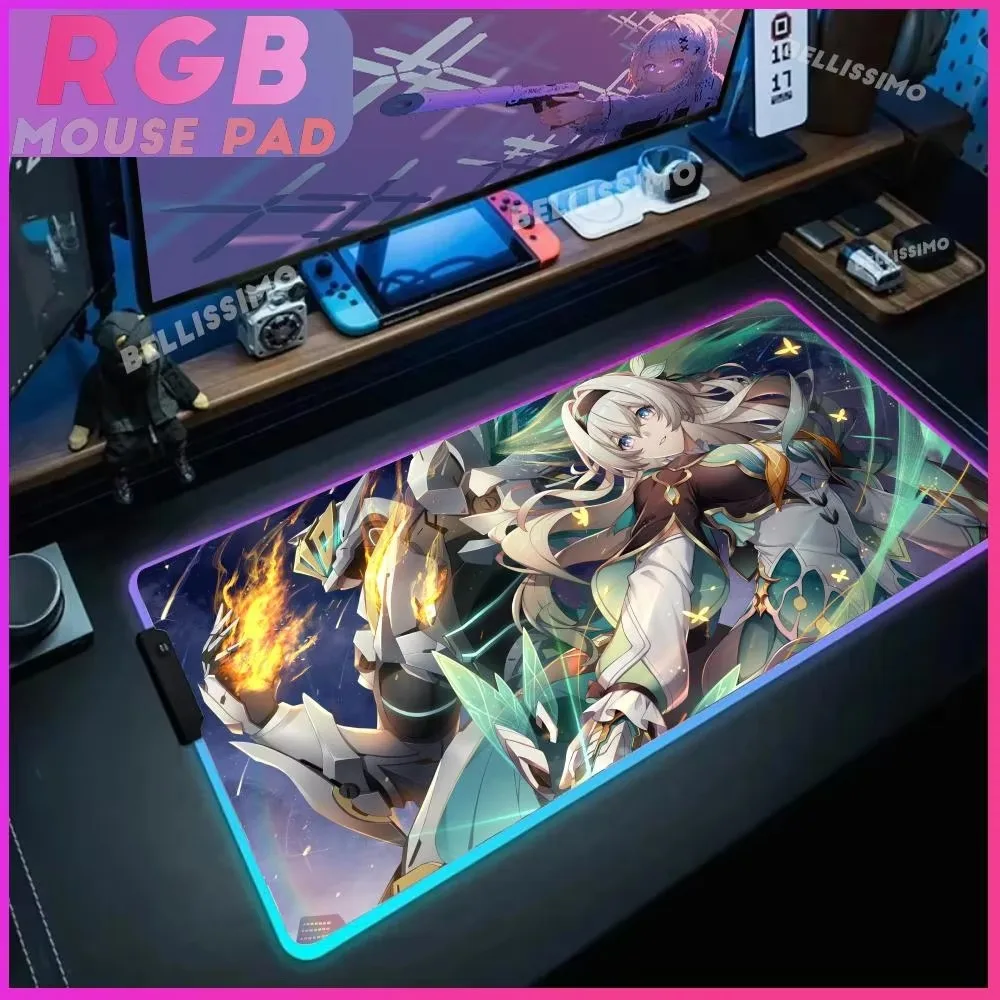 F_firefly RGB Gaming Mouse Pad Desk Accessories H_honkai S_star R_rail Desk Protector Mat Coloruful Lamp HD Anime Desk Pad