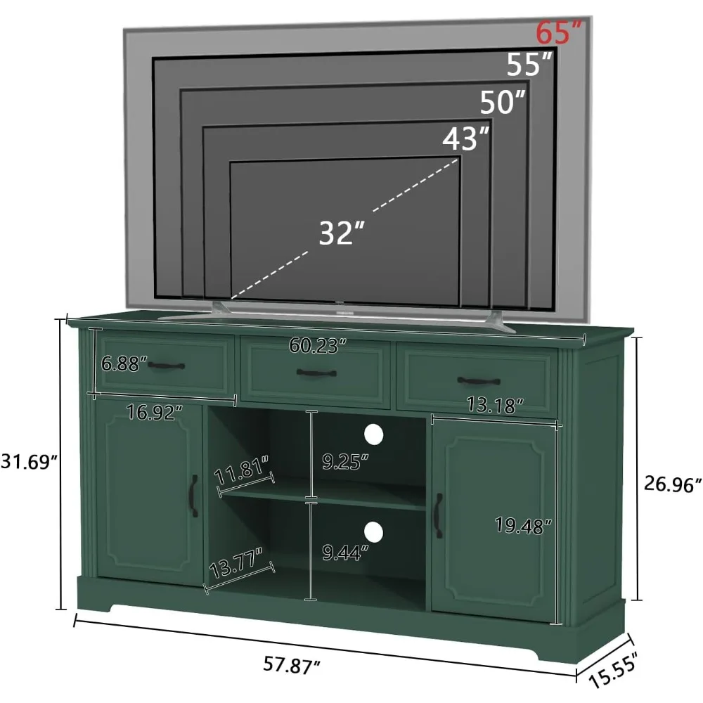 حامل تلفزيون مع 3 أدراج للتلفزيون حتى 65 بوصة، خزانة تلفزيون خشبية لمنتصف القرن مع أرفف قابلة للتعديل، ترفيه C #2