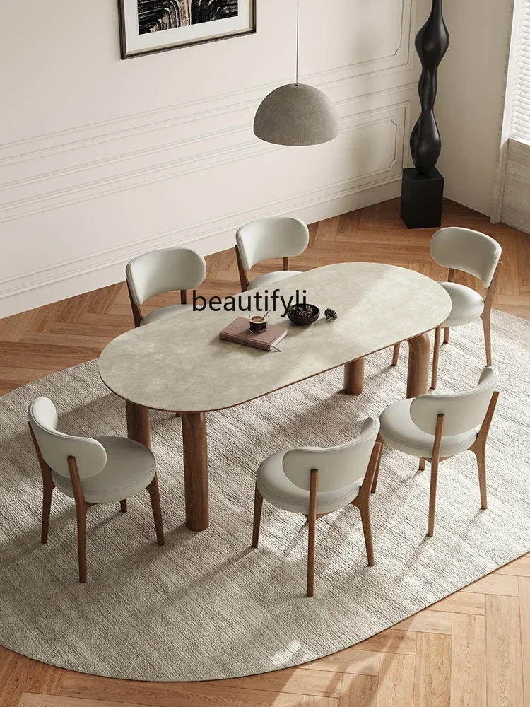 Nordic Solid Wood Dining Table French Entry Lux Modern Minimalist Oval Dining Table Home Silent Style Designer Stone Plate