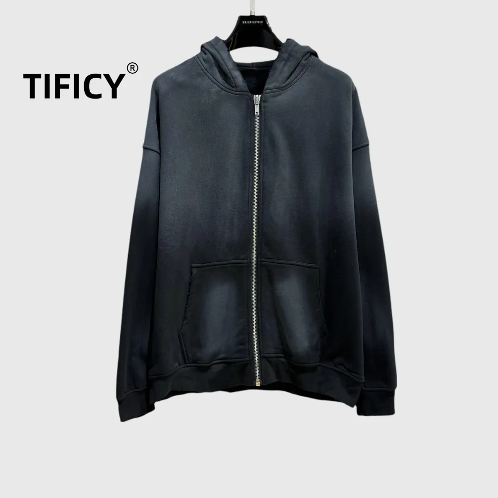 

Hoodie Sweatshirt Coats Men's Autumn and Winter Washed and Worn Gradient Fleece Loose Fitting Hooded Couple Sweatshirts Jacket