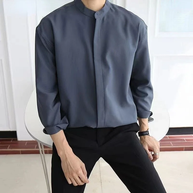 

2024 New Silk Senior Sexy Dark Blue Shirt for Men Solid Color Long Sleeve Stand-up Collar Loose Business Casual Shirt Q18