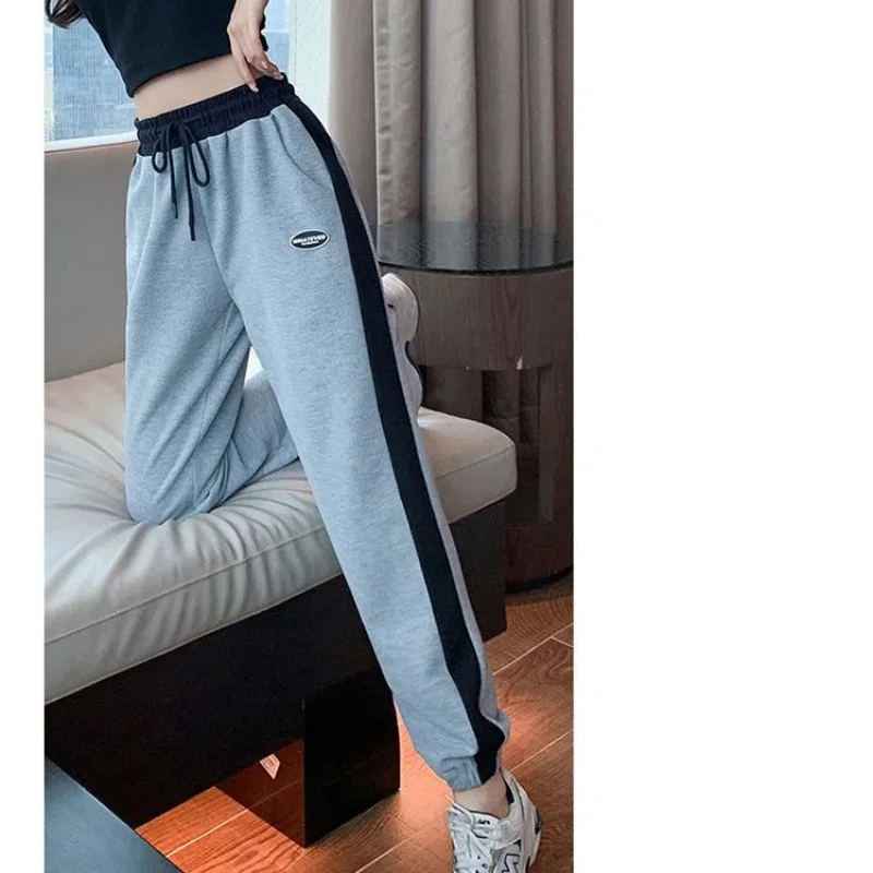 Spring and Autumn Women's 2024 New Splicing Elasticized High-waisted Drawstring Pocket Fashion Solid Color Loose Casual Pants