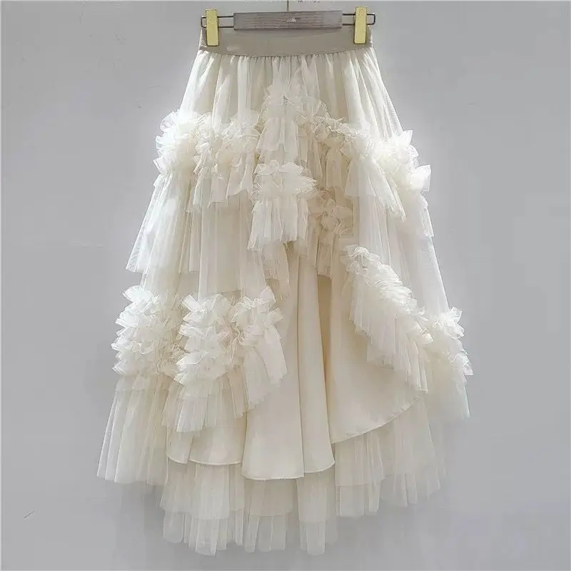 

Chic Ruffles Edge Irregular Mesh Skirt Half Length Multi-Layers Gauze Puff Skirt Pleated Elastic Waist Cake Skirt